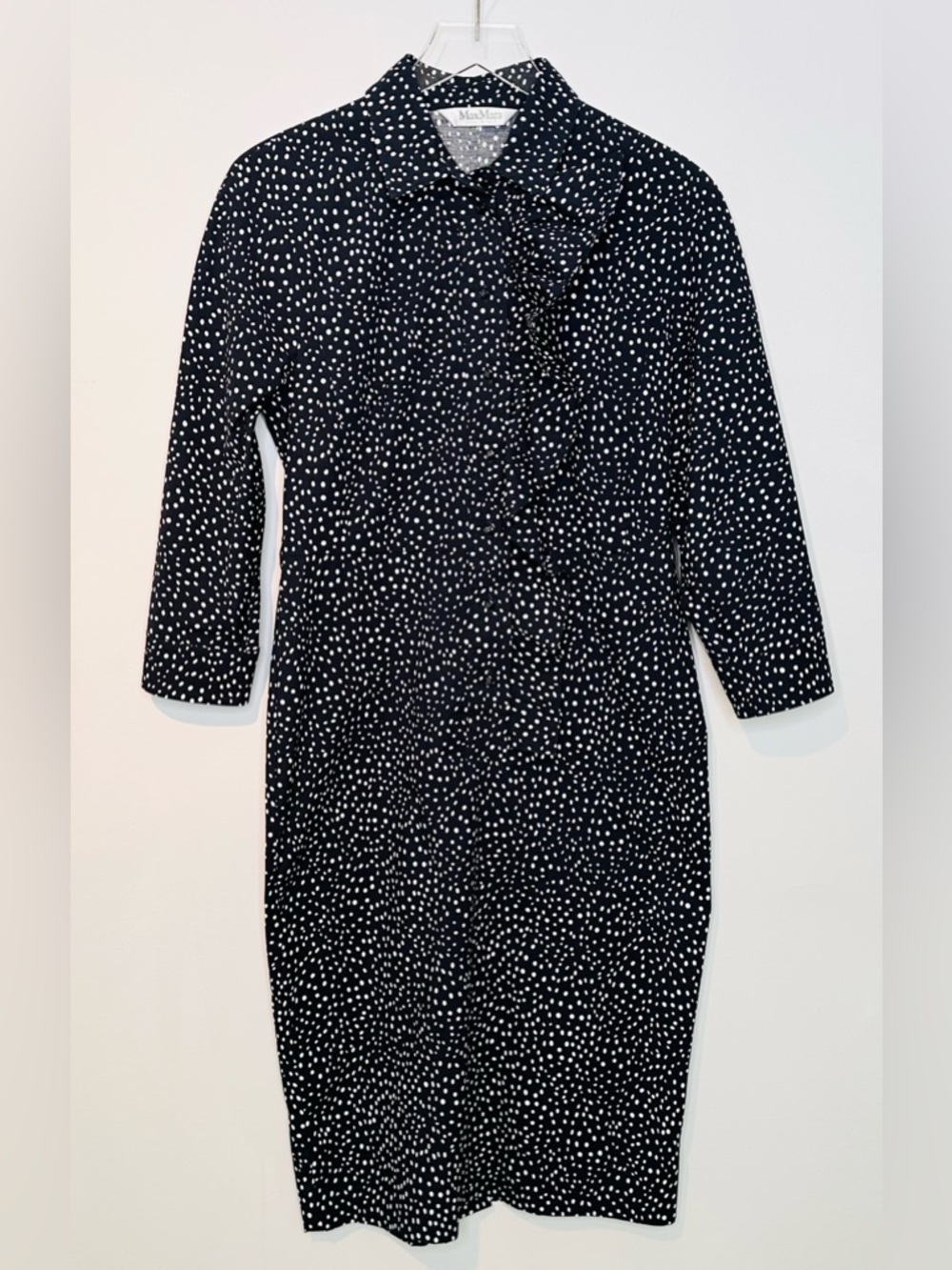Max Mara Vicky Ruffle Polka Dot Navy Blue White Cotton Poplin Midi Dress - Picture 14 of 16